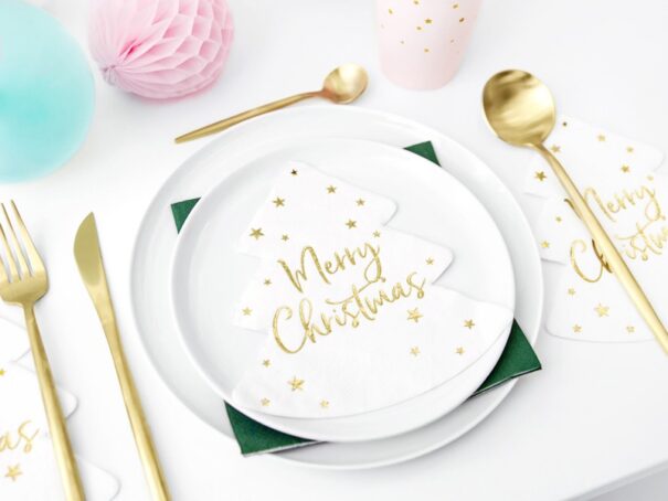 Servietter - Juletræ - Merry Christmas - Hvid/Guld - 20 Stk.
