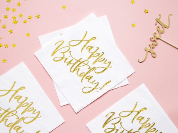 Servietter - Hvid/guld - Happy Birthday